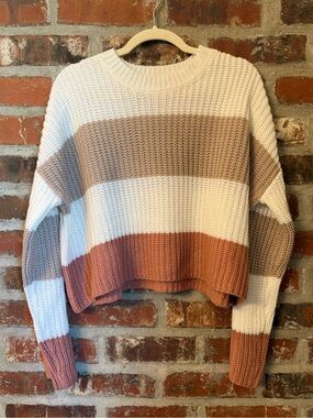S53 - moon & madison Striped Crewneck Sweater in Cream, Taupe & Rust